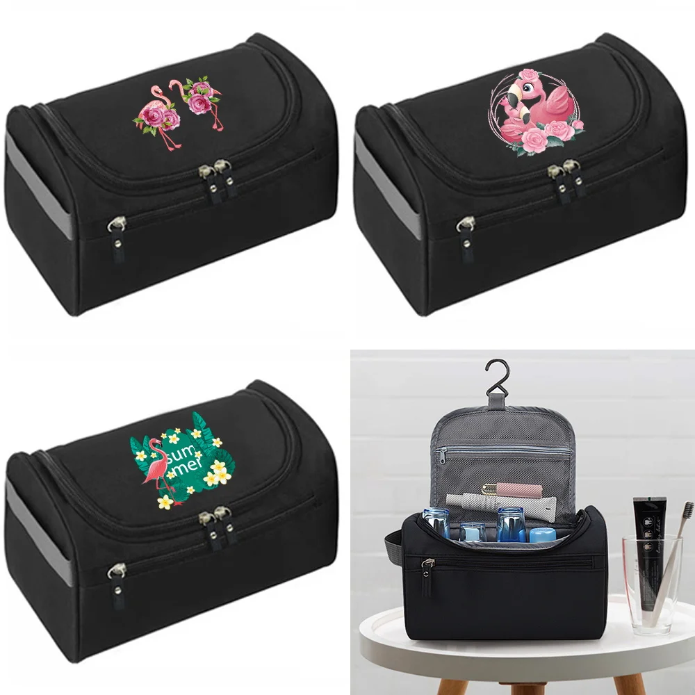 Large-Capacity Travel Cosmetic Bag Portable Makeup Pouch Women Waterproof Bathroom Wash Bag Flamingo Print Hanging Toiletry Kit