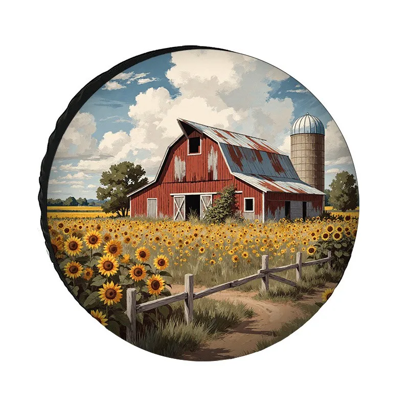Red Barn Sunflower Tire Cover Waterproof Polyester Fiber For SUV Truck Outdoor Protection