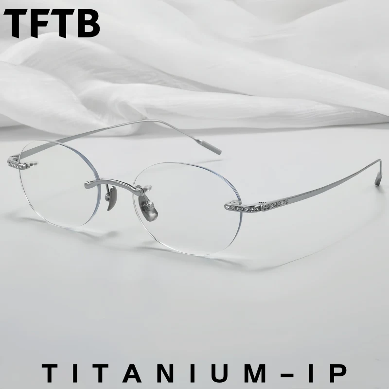 

TFTB Fashion Retro Oval Women Rimless Glasses Ultra light High-quality Pure Titanium Trendy Diamond Studded Eyeglass Frame 0651W