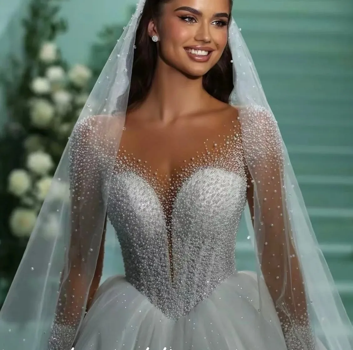 Luxury Puffy Wedding Dress 2026 Sheer O-neck Long Sleeves Pearls Beading Tulle Bridal Bride Gown Vestidos De Noiva
