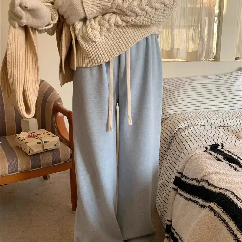 مرونة الخصر أفخم عالية الخصر الأرز الدبق مستقيم الساق السراويل النسائية سميكة الدافئة فضفاضة عارضة نمط الخريف الشتاء