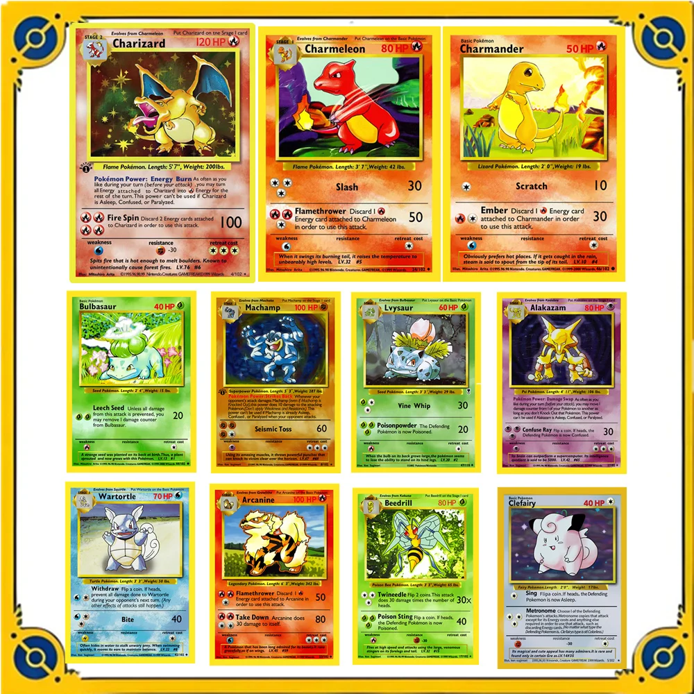 11 Uds Pokemon 1996 1a edición estrella parcial media tarjeta Flash Charizard Alakazam Clefairy Lvyasaur juego colección tarjeta regalo juguete