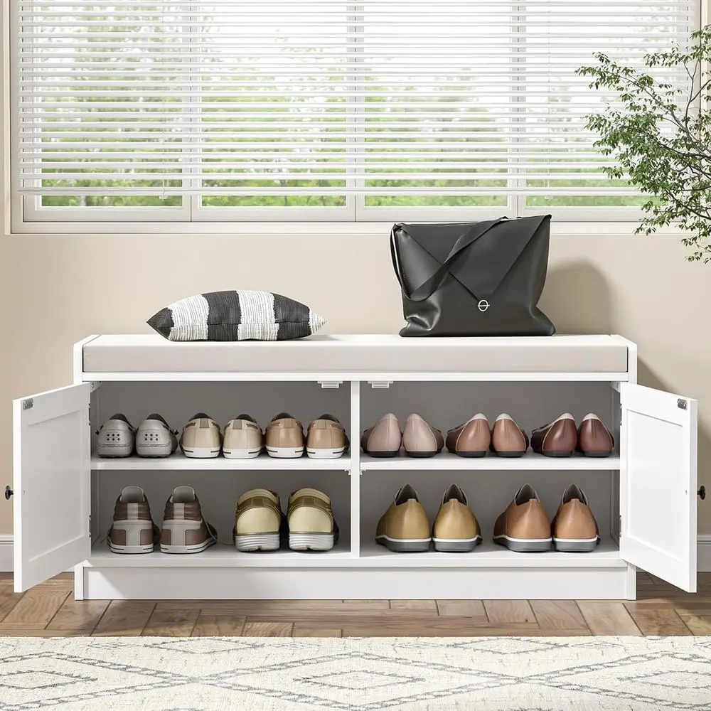 مقعد تخزين أحذية الروطان باللون الأبيض على طراز بوهو مع وسادة للممر وغرفة النوم