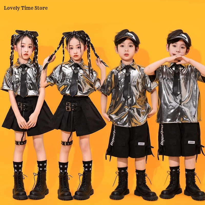 

Hip Hop Boys Silver Shirt Cargo Shorts Girls K-pop Dance Skirts Clothes Sets Children Jazz School Uniforms Kids Stage Streetwear