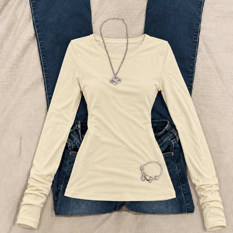 Spring Autumn Women Korean Chic Daily Cream Solid Crew Neck Thumb Hole Fitted Long Sleeve Basic T-Shirt
