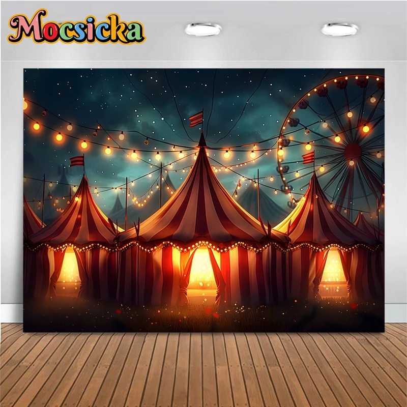 

Game Circus Background For Photography Performing Red White Striped Tent Ferris Wheel Party Child Birthday Backdrop Decor Poster