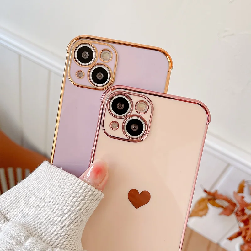 Electroplating Side Love Heart Phone Case For IPhone 17 16 15 14 13 12 11 Pro Max XR 8 Plus SE2/SE3 Shockproof Back Cover