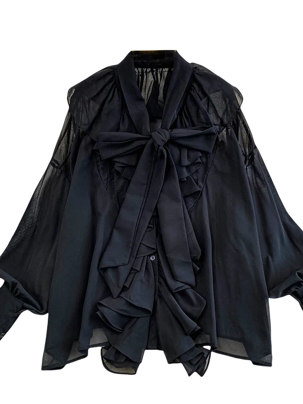 เสื้อผู้หญิงทรงหลวมสไตล์ฝรั่งเศส แขนยาว แต่งลูกไม้หวานๆ สำหรับฤดูใบไม้ร่วงและฤดูหนาว รุ่น Ele Lady Sle Knot V-ne irt