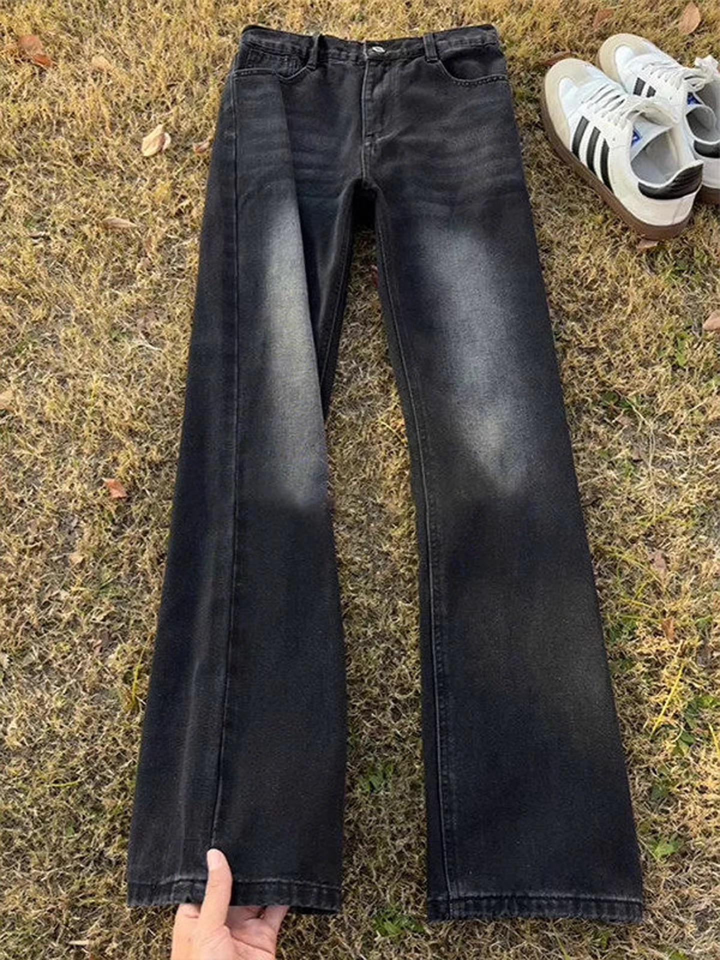 

Мужские джинсы-клеш в американском ретро-стиле, прямого кроя, с флисовой подкладкой, повседневные, с эффектом потертости