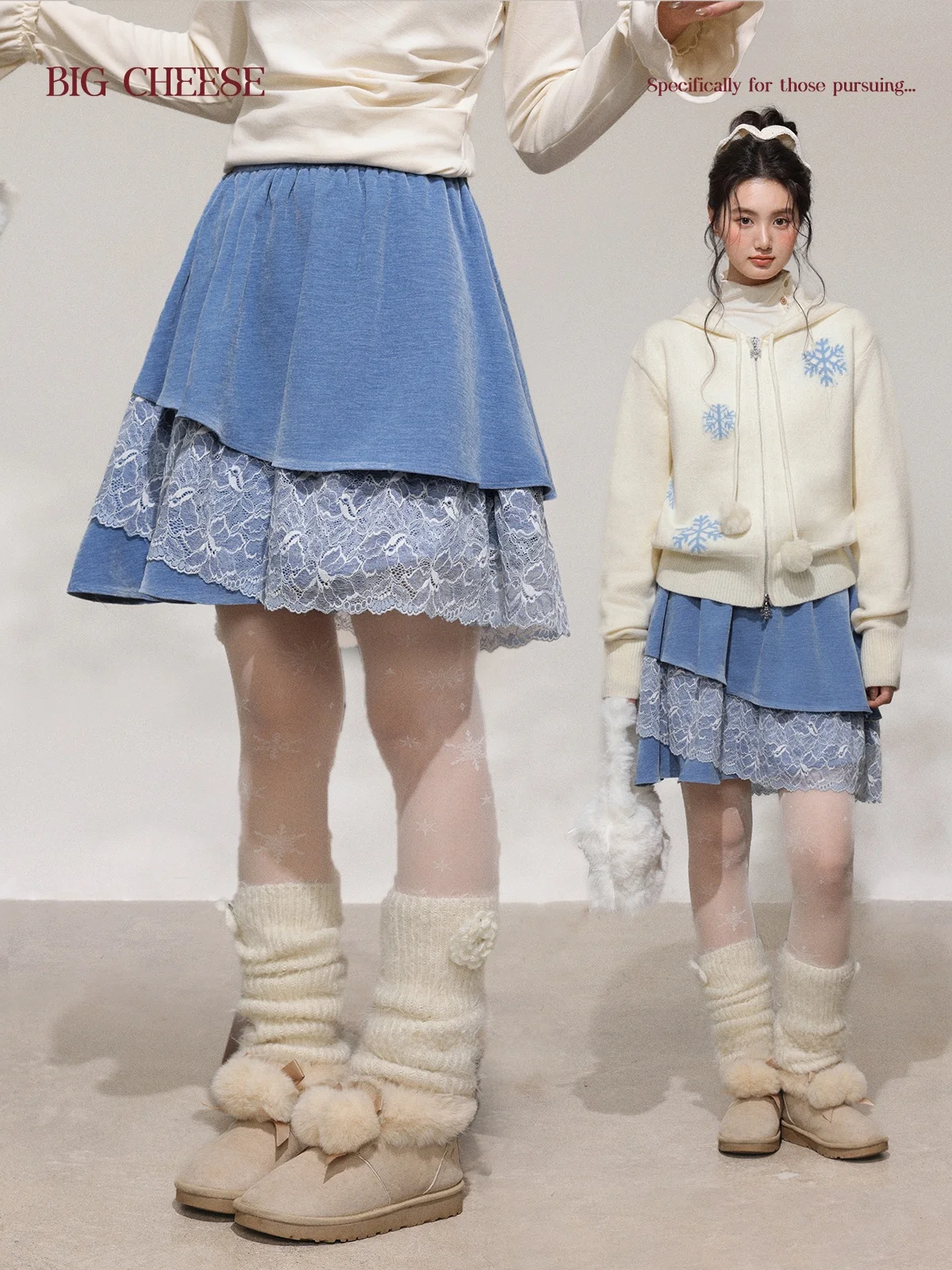 

Sweet Lace Blue Velvet f Skirt Large Size Winter Asymmetrical Patchwork Cheese Eating Korean Sle High Waist A-Line Skirt