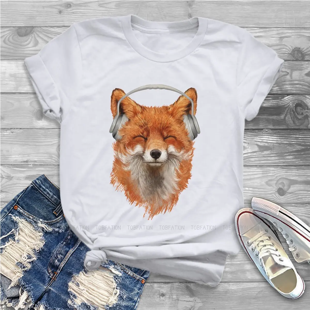 Smiling Musical Fox Women\'s TShirt Meme Design Girls Graphic Tees 5XL Cotton Female T Shirt Funny Fashion Gift