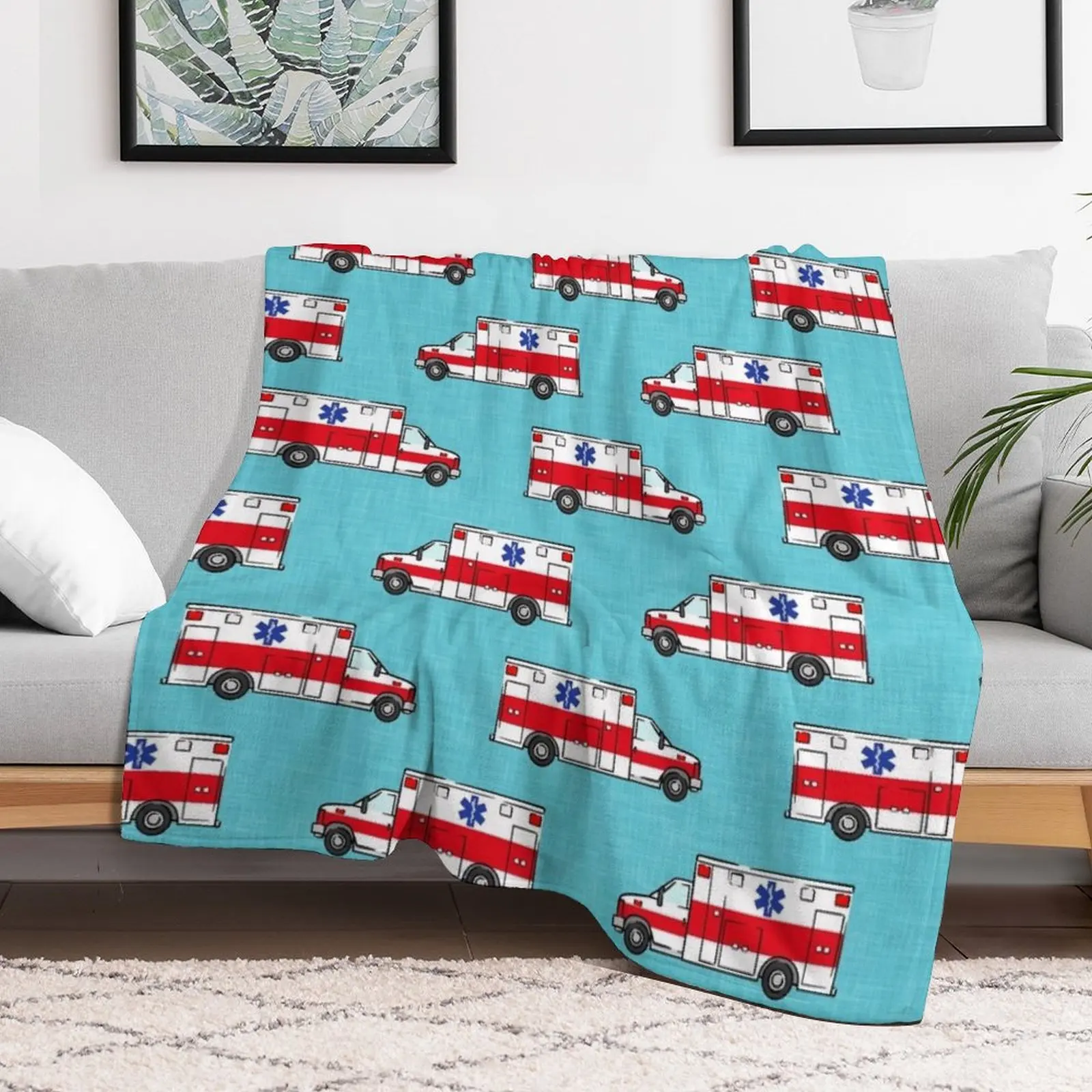 Ambulance on Teal Throw Blanket warm for winter Plaid on the sofa Moving Winter beds Blankets