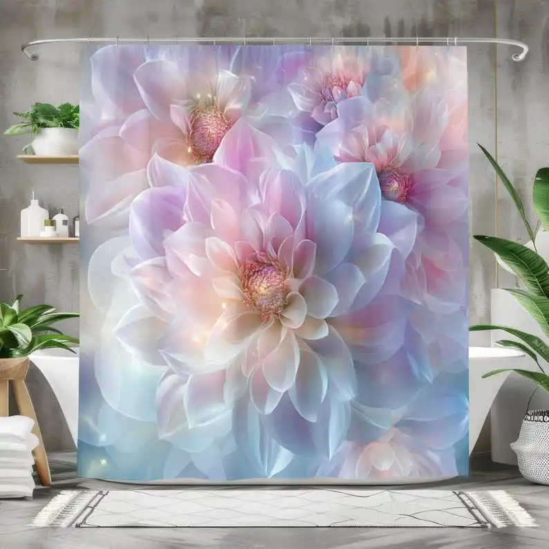 

Pastel Floral Shower Curtain – Waterproof Fabric Bath Curtain, Bathroom Decor, Soft Flowers Design, Elegant Floral Art