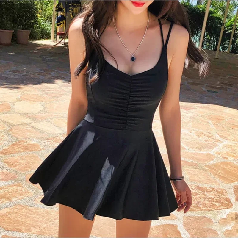 

Korean Black Halter Swimwear Women Dress 2024 Sexy One Piece Swimsuit Backless Bathing Suit Ruffle Summer Beach Wear Monokini