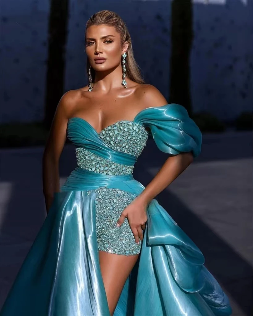 Ocean Blue Off Shoulder Evening Dresses Pleated Beadings Side Slit Ruched Prom Dress Africa Arabia Celebrity Party Gowns