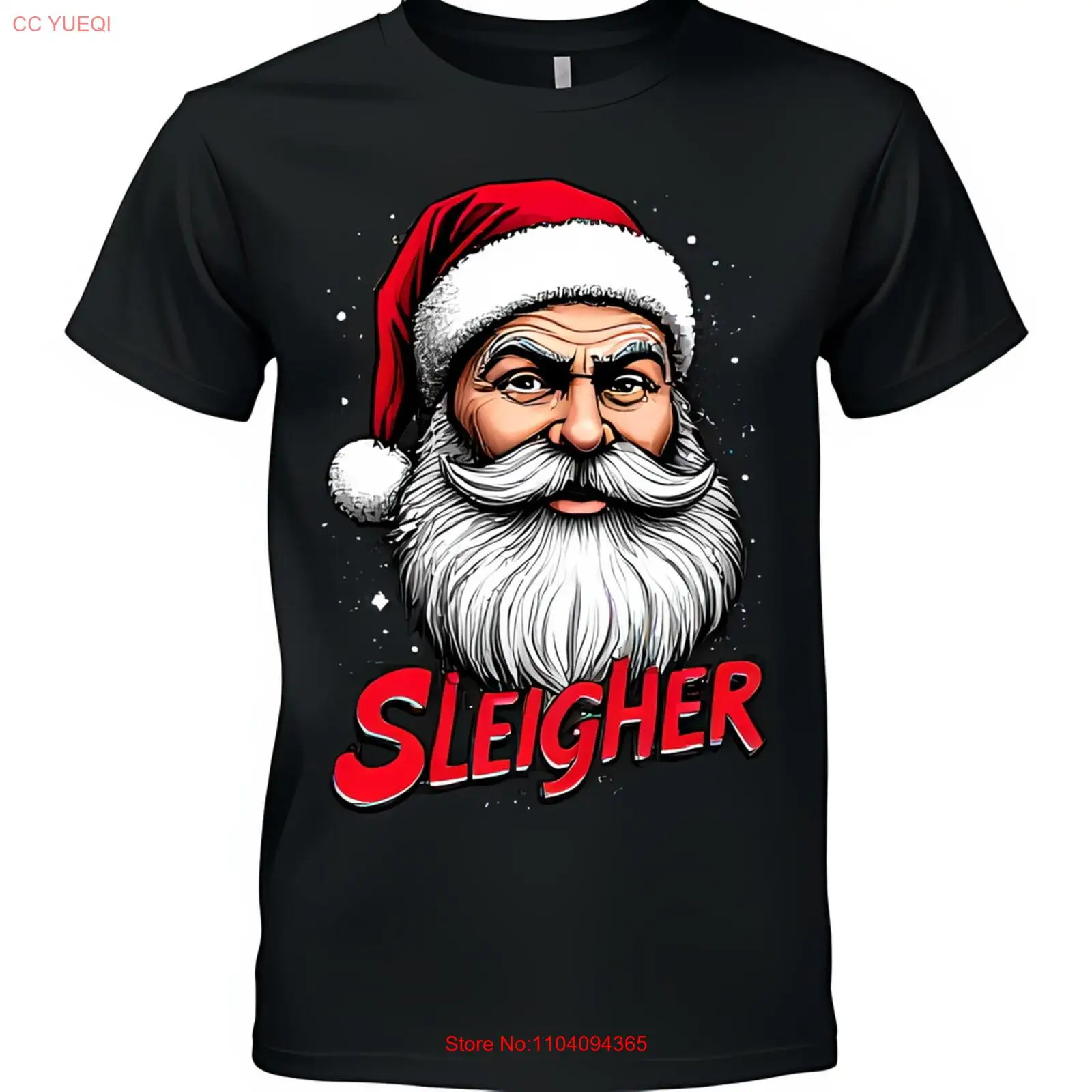 

Festive Black T-Shirt with Cartoon Santa & 'SLEIGHER' Graphic Holiday Cheer