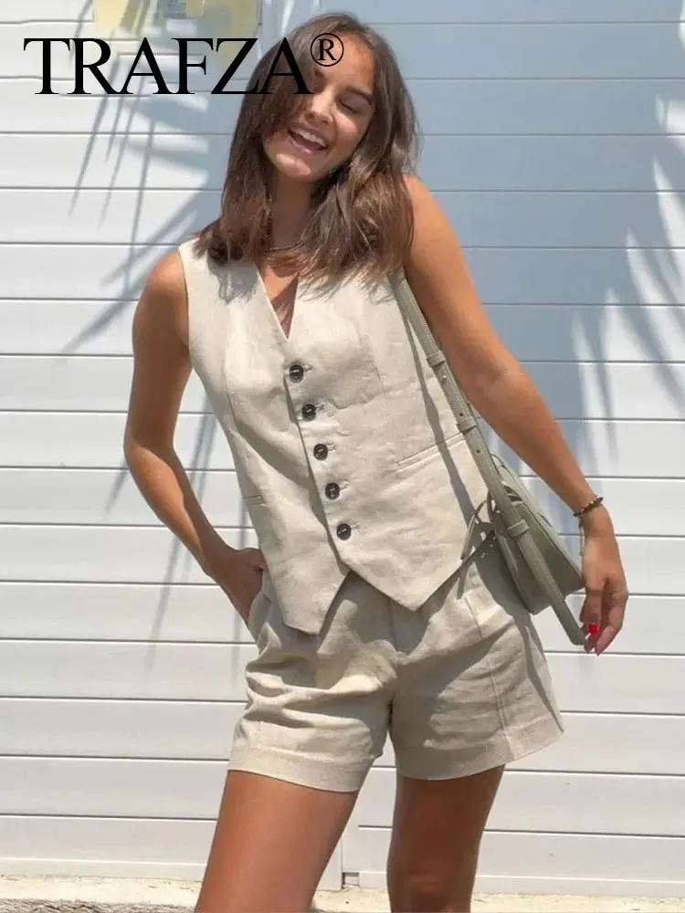 TRAFZA Summer Women Casual Vest Shorts Suit Solid Sleeveless V Neck Waistcoat Tops Slim Zipper Fly Shorts 2024 Office Lady Sets