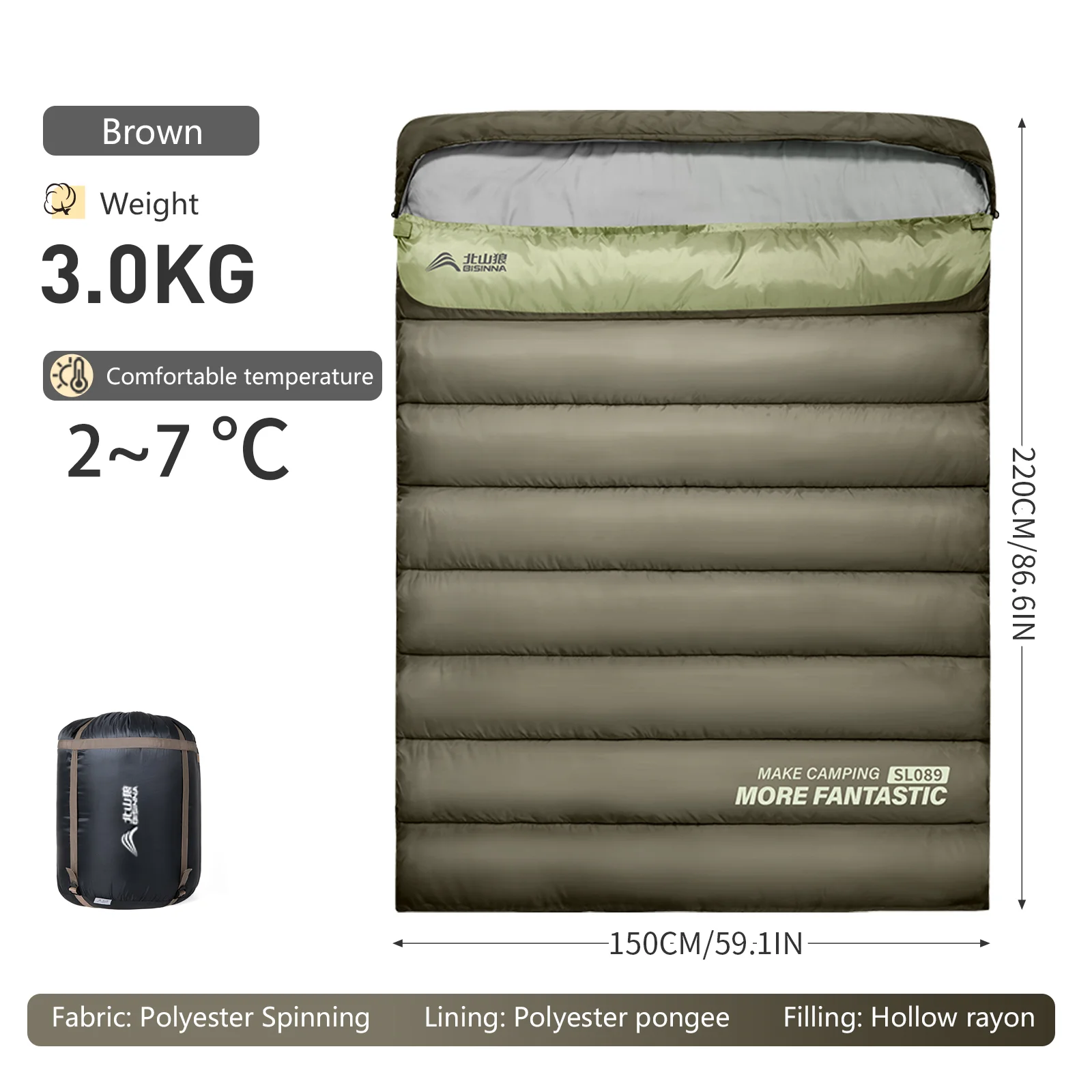BSWOLF 2-Personen-Camping-Schlafsack für vier Jahreszeiten, tragbarer Winterschlafsack für Outdoor-Camp-Reisen, Wandern 7