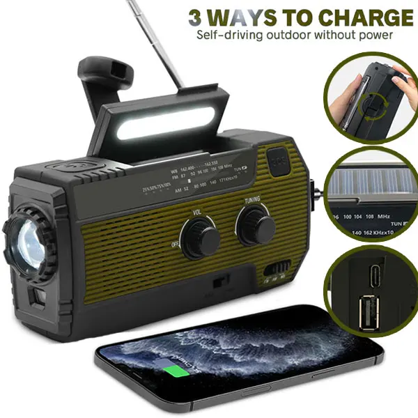 Weather Radio Hand Crank Emergency Radio with Solar Charger Portable AM FM Shortwave Radio with LED Flashlight USB Charger,SOS