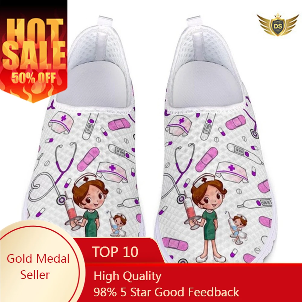 Cute Cartoon Nursing Doctor Surgery Printed Woman Flats Sneakers Mesh Nurse Shoes Women Light Weight Ladies Footwear