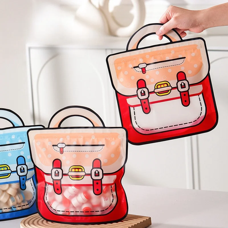 StoBag 50pcs Candy Snack Packaging Bags Schoolbag Kids with Handle Tote Window Cute Child Cartoon Plastic Sealed Food Storage