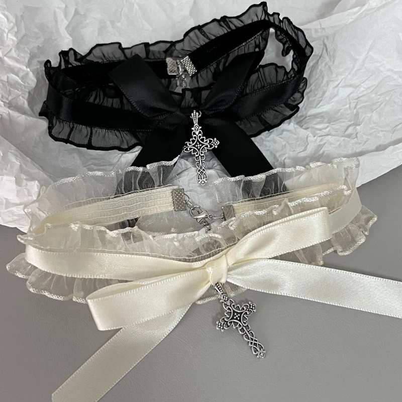 Koronka, falbany naszyjnik naszyjnik śliczny kokardka krzyżyk wisiorek kołnierz naszyjnik Halloween gotycki biżuteria kostiumowa prezent dla kobiet