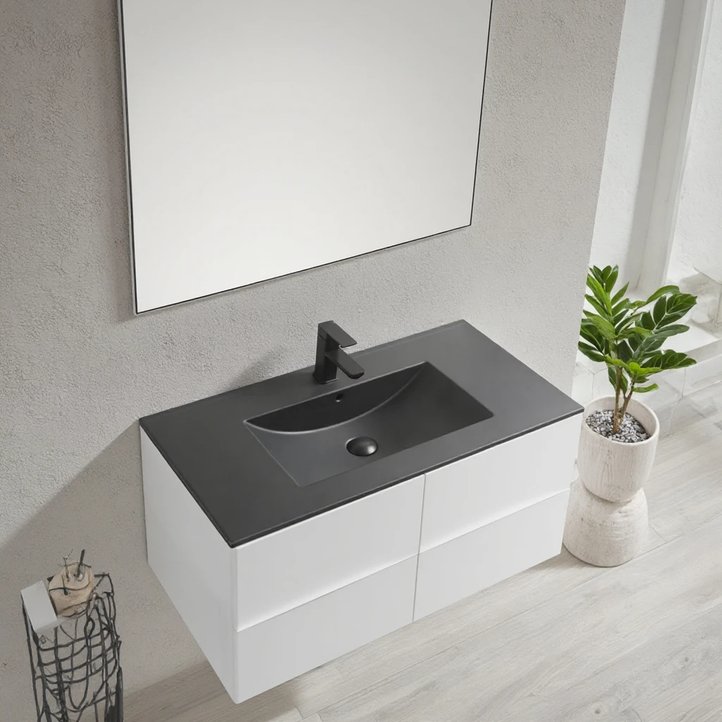 

Modern Integrated Matte Black Bathroom Vanity Sink Thin Edge One Piece Ceramic Cabinet Hand Wash Basin