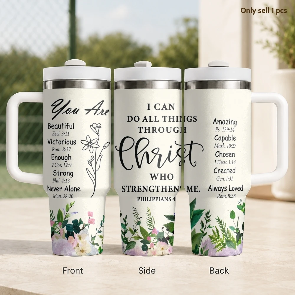You Are Floral Scripture Art Vacuum Flasks 40oz Stainless Steel Insulated Tumbler With Handle & Straw Leakproof Travel Mug