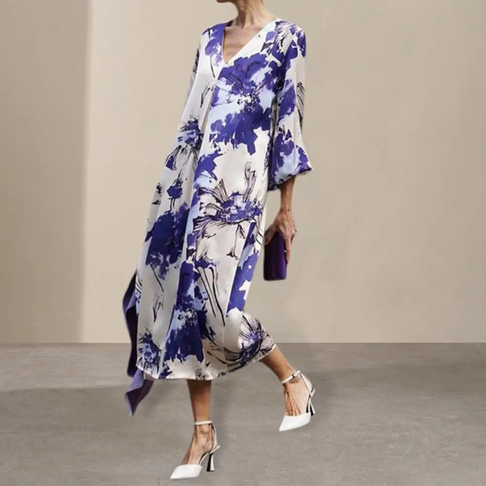 Women V-neck Printed Dress Stylish V Neck Midi Dress for Women Long Sleeve Loose Pullover with Contrast Color for Parties