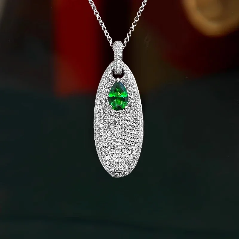 925 silver Walton green full diamond water droplet pendant, emerald green sweater necklace, European and American high-end feel