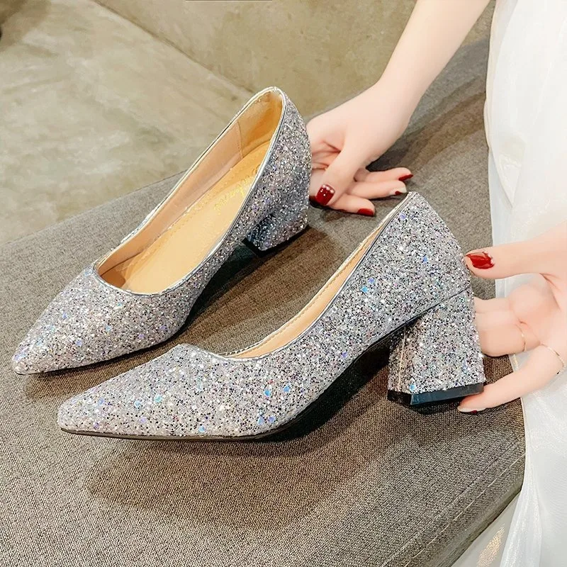 New 2023 Summer Pointed  High-heeled Shoes Sequin Women\'s Single Thick Heel Party Wedding Evening Dress Large Size