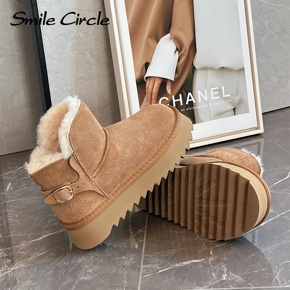 Smile Circle Women Snow Boots Suede Leather Wool Winter Boots Warming Casual Platform Boots