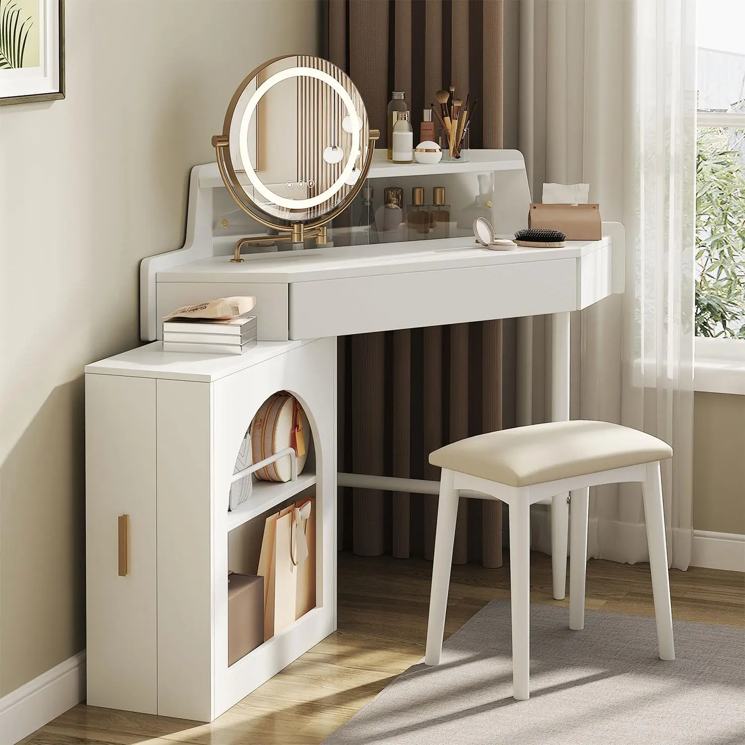 Corner Vanity Desk with Mirror & Stool, LED Folding Mirror, Bedroom Dresser for Small Space, White, Customized
