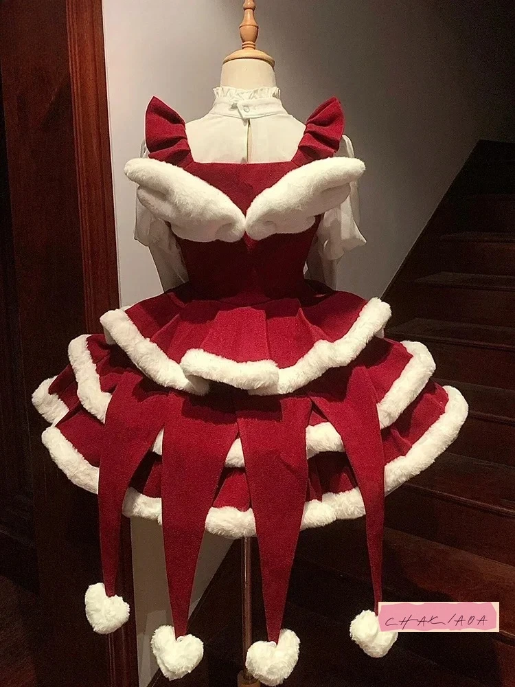 

Christmas and New Year Lolita Three-piece Set Little Wings Cute Girl Bubble Sleeve Top Bow Sling Puffy Cake Skirt Autumn Winter