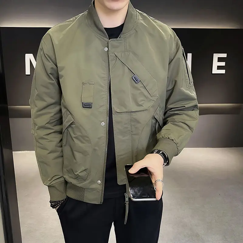 Workwear Casual Jacket Men's Spring Autumn New Cool Ruffian Flying Jacket  American Style Solid Color Baseball Coats Arm Pocket