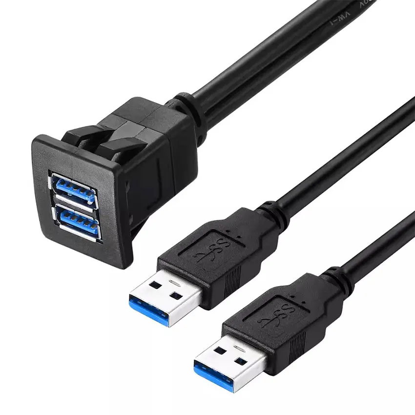 

1M/2M Dual port USB Socket Cabe USB 3.0 Auto Car Flush Mount Extension Cord Dashboard Panel Square USB cable for Motorcycle