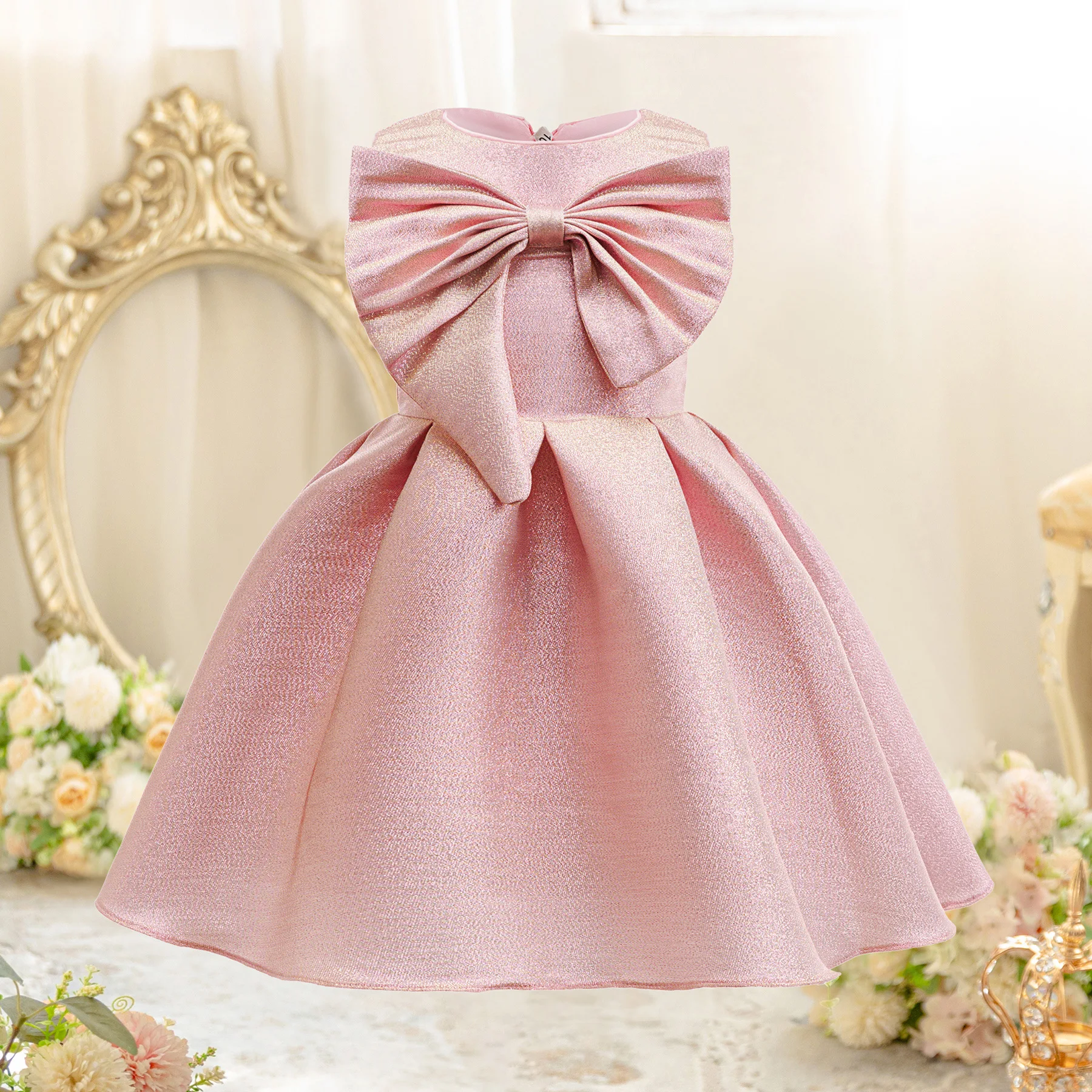

Elegant Sweet Girls Pink Shiny Sleeveless Big Bow Princess Dress For Children Wedding Birthday Pageant Party Prom Banquet Gown