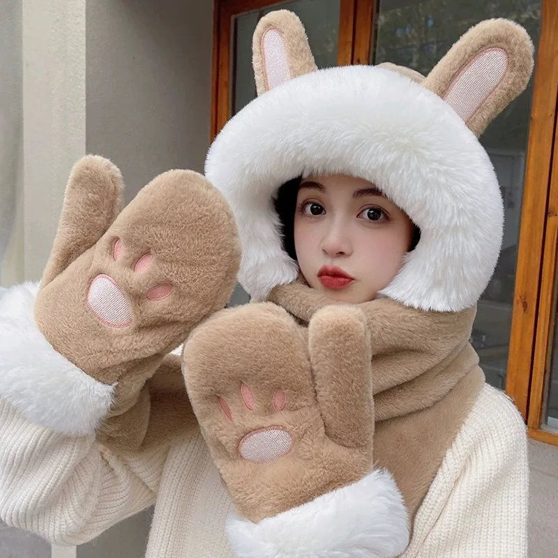 Women\'s Korean version hat winter warm scarf hooded neck protection plush ears cute and fashionable three piece set scarf in one