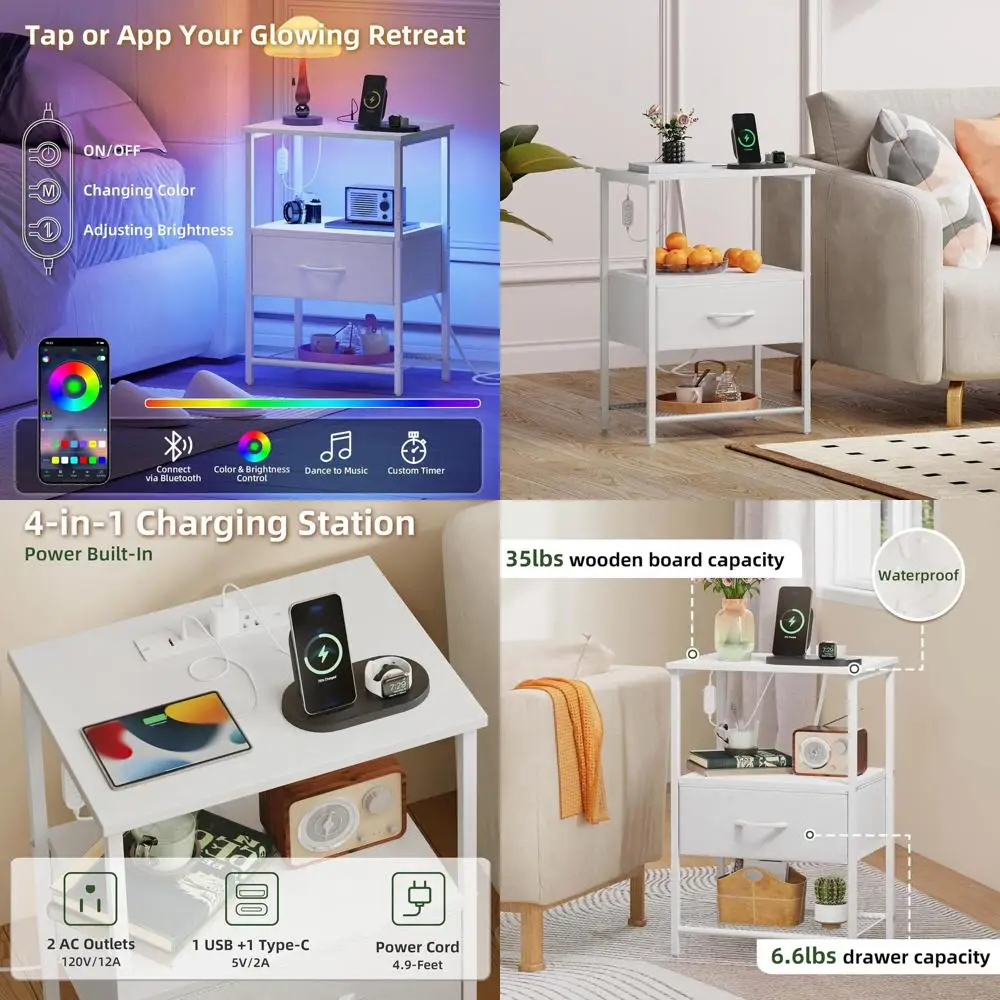 

Pair of White Leather Nightstands with Charging & LED Light, Ideal for Bedrooms, Dorms, and More