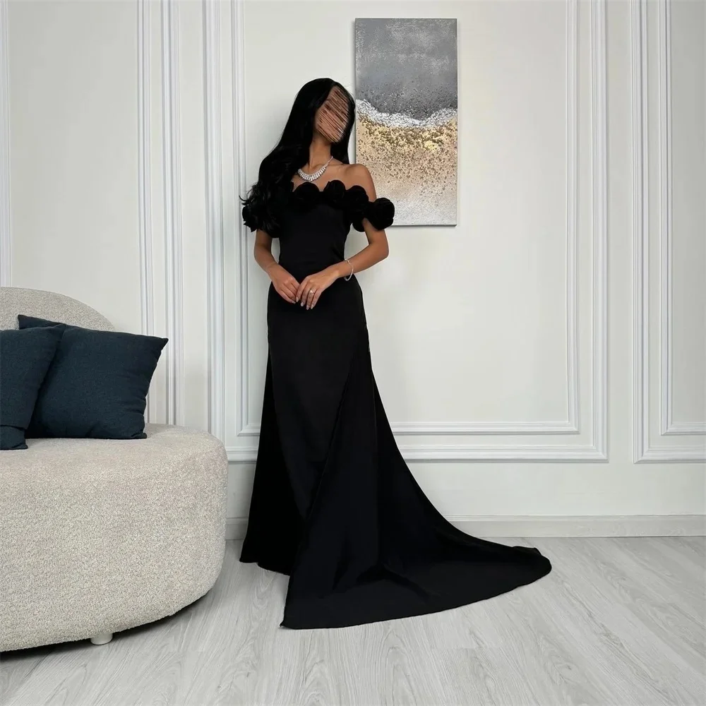

Black Floral Formal Long Bespoke Occasion Gown Evening Dresses Pastrol Unisex Jersey Retro Dubai Saudi Arabic Prom Customized