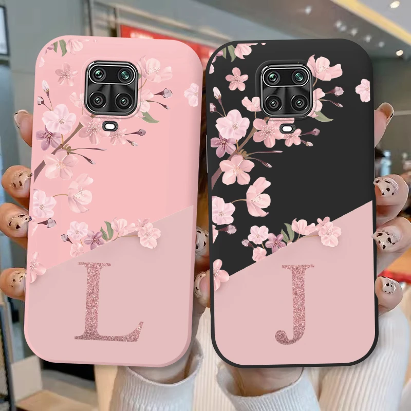 For Redmi Note 9 Pro Max 9S Phone Case Pink Flowers Initial Letter A To Z Silicone Soft Back Cover For Redmi Note9 Pro Alphabet