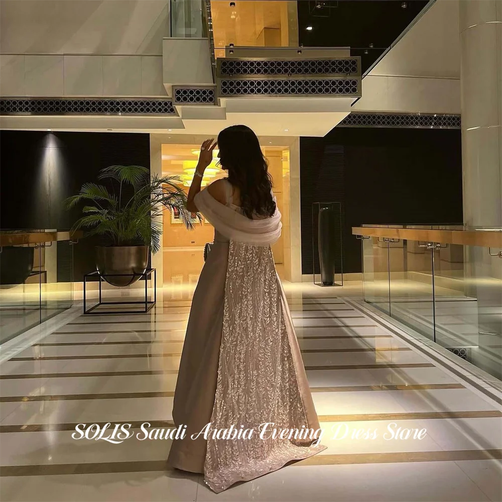 SOLIS Blush Pink Prom Dresses V Neck Off the Shoulder Celebrity Dress Beading On Chest Evening Dress A Line Modest Customized