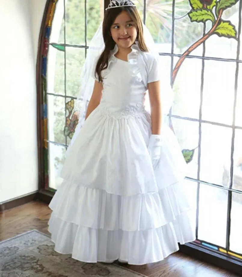 High Quality White Flower Girl Dress for Wedding Solid Satin First Communion Dress with Jacket