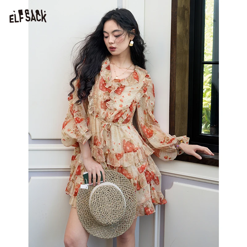 

ELFSACK Women's Strawberry Print Midi Dress, V-Neck Ruffle Hem A-Line Dress with Lace Trim, Sweet Summer Dress