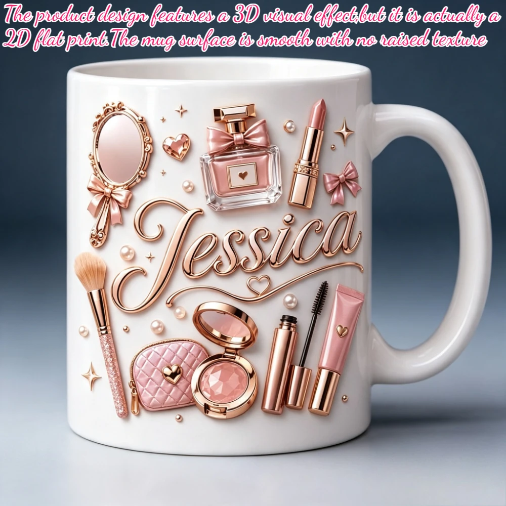 Personalized Pink Gold Mirror Perfume Cosmetic Pearl Ceramic Mug 11oz Custom Name 2D Flat Print Microwave Safe for Beauty Lover