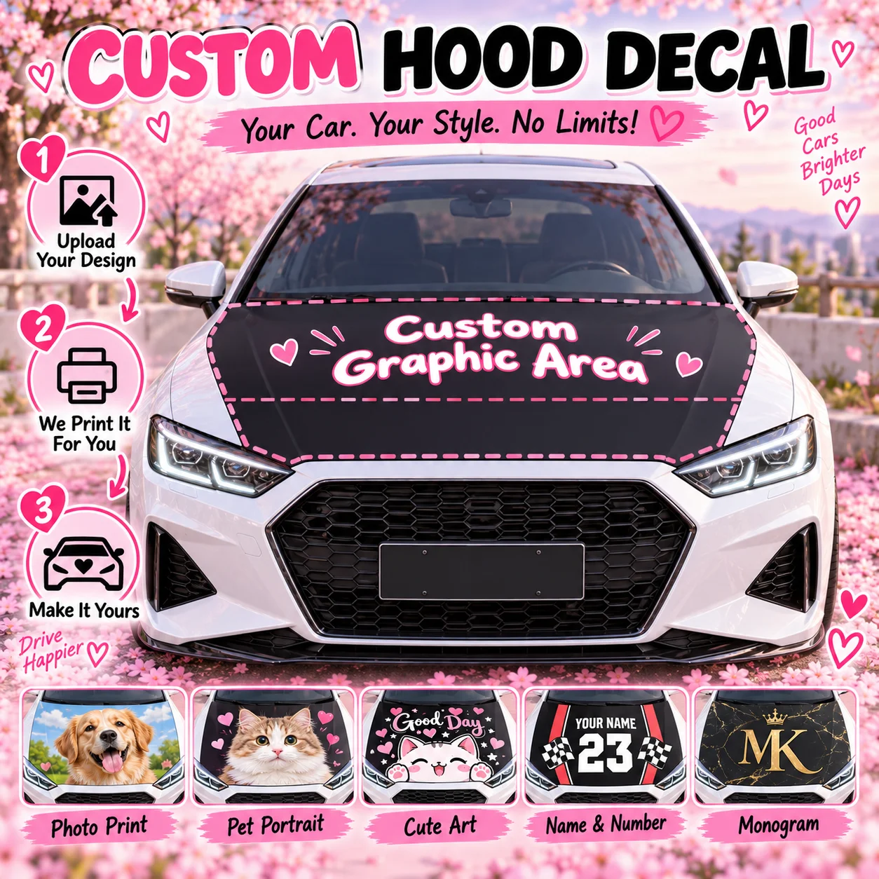 Custom Car Hood Sticker Vinyl Decal Personalized Cute Kawaii Graphics for Auto Truck Hood Bonnet Decor Outdoor