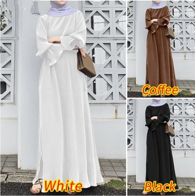 

Middle East Ramadan Moroccan Muslim Women's Fashion Horn Sleeve Open Hem Loose Headset Solid Color Islamic Dubai Dress