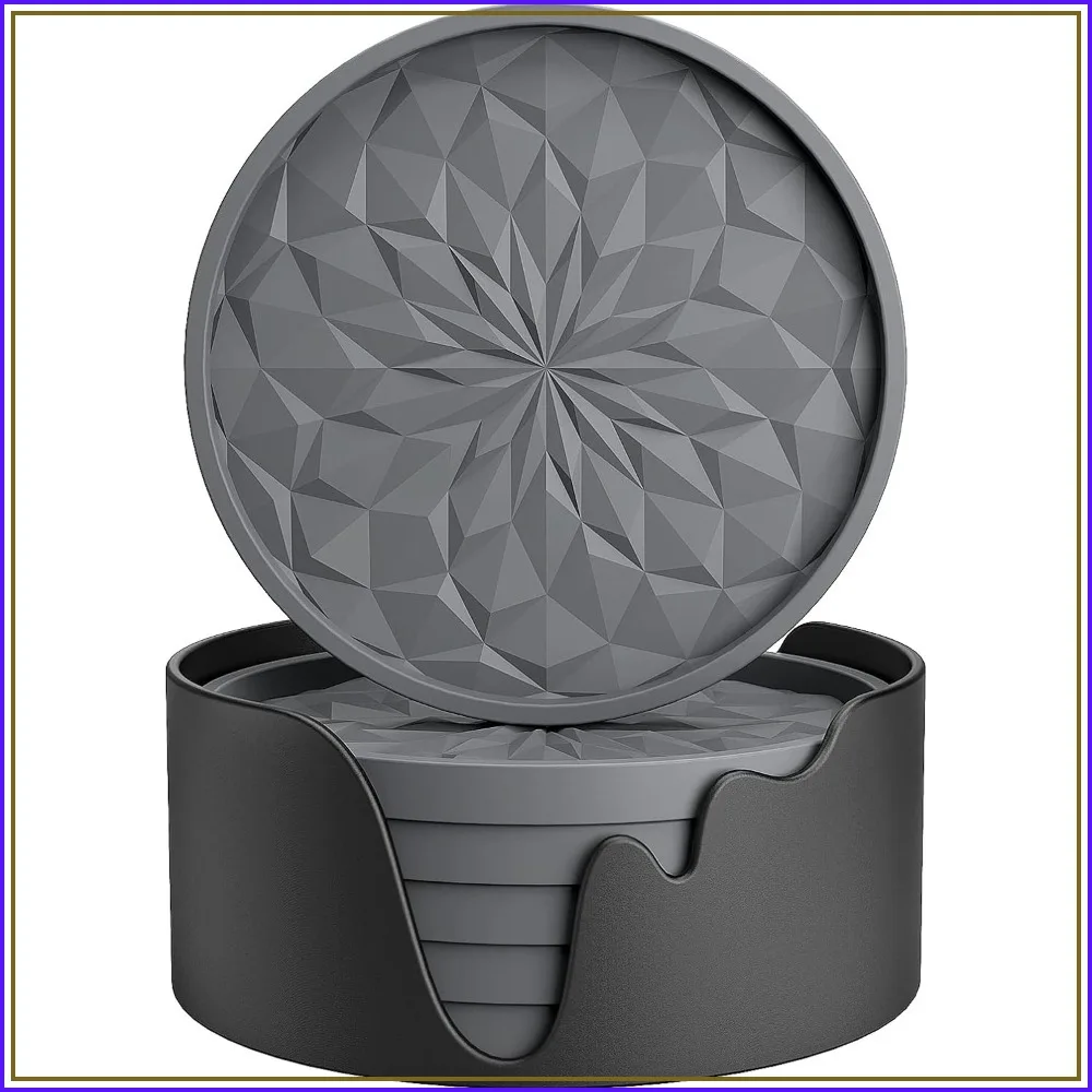 6 Pack Silicone Coasters with Holder, Thickened Deep Tray, Non-Slip & Non-Stick, Heat Resistant, Dark Grey