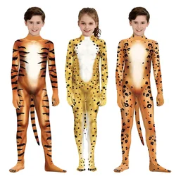 Zawaland Cosplay Animal Costume with Tail 3D Printed Leopard Tiger Holiday Party Catsuit Jumpsuits Halloween Performance Zentai