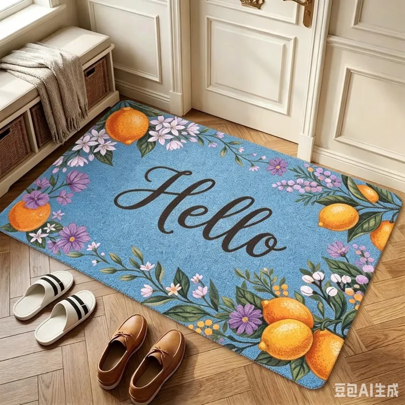 Lemon and Floral Hello Print Doormat Non Slip Summer Decorative Floor Mat for Front Door